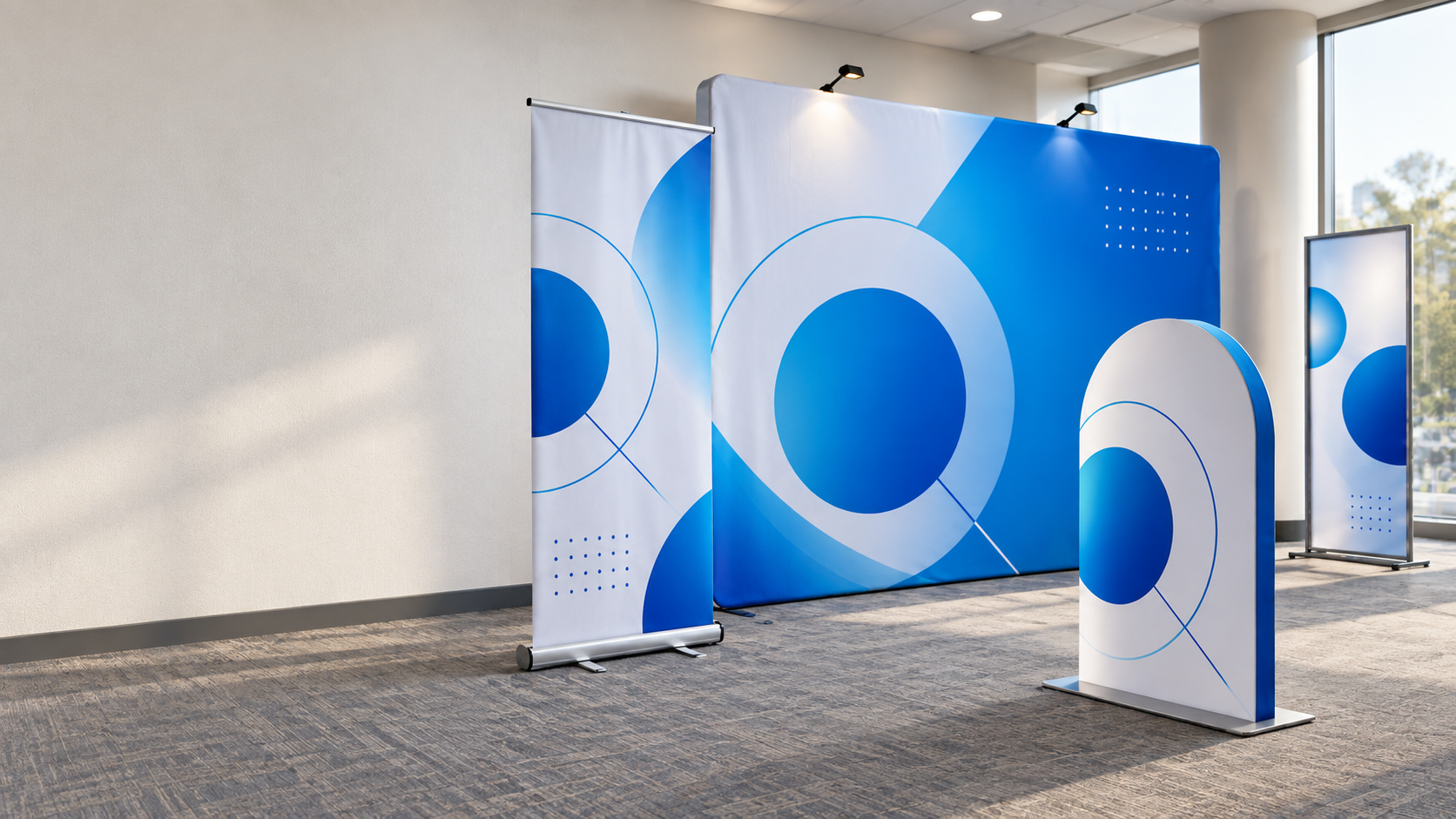 Concept image of blue-and-white roll-up banners and event displays